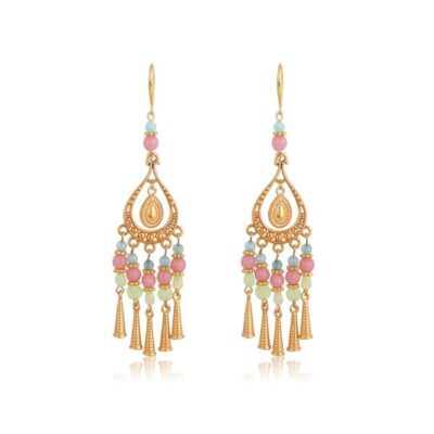 Bohemian handmade drop-earrings. Made with pink, light green, diamond cut glass and jade beads, featuring 24K gold-plated Brass cones.  An absolute summer combination of pastel pink, blue, mint and gold, this necklace complete perfectly your everyday look and is an ideal choice for casual looks. Combine it with the Callisto earrings of the “Bohemian Queen” collection for a complete look!