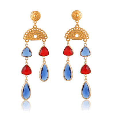Gold drop earrings with red and blue crystals