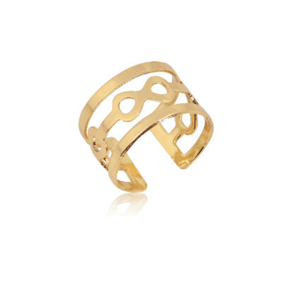 We hereby call you the Queen Of Style when you're wearing this 24K Gold-plated elegant adjustable ring with two sleek bands and a middle band with infinity cutouts.