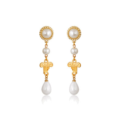 These Greek-chic drop earrings will cause an instant reaction when you walk into a room! They are lightweight and feature a 24K gold-plated Ionic columns, connected to a pearl bead, ending with a beautiful pearl teardrop.