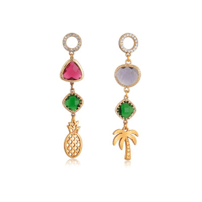 Tropical and chic, made of 24K gold-plated brass, crystals, and strass. These mix-match colorful earrings can be worn during winter as a warm reminder of the sunny days. Keep the heat of the summer days with you all year long, just by wearing them.