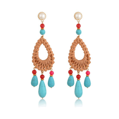 Rattan drop earrings with turquoise and red jade beads