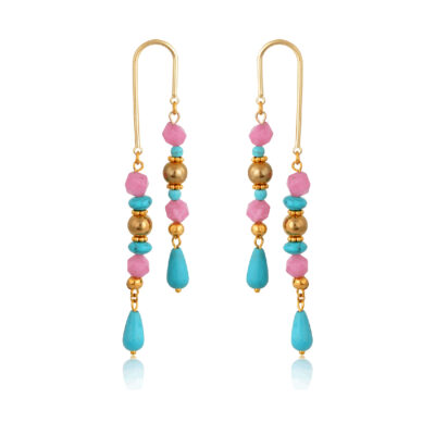 A classic summer combination of gold, pink and turquoise, They are made of howlite, CCB and jade beads.  Original and sweet, these U shape earrings are so cute and so light, they'll soon become your favorite pair.