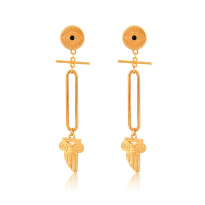 Part of the “All Greek to me” collection, this is the hottest trend of the season. These earrings feature an elegant evil-eye stud, and a stylish ionic column. The bar and the link give a modern touch to this all-time classic piece of jewelry. Pair it with our other Greek-chic jewelry.