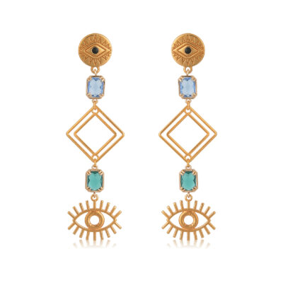 Evil-eye and crystal geometric earrings