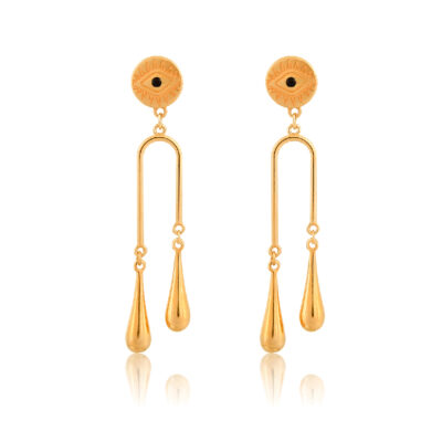 A pair of shiny gold earrings with an evil-eye stud, a U shape element, and two 24K gold-plated teardrops. This pair of earrings is a timeless fashion statement. Pair it with our teardrop necklaces to create a perfect set.