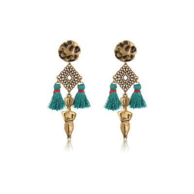 Introducing our Antique Bronze Inspired Earrings: A Tribute to Ancient Greek Art These earrings are a unique and beautiful representation inspired by the Cycladic figurines of ancient Greek art. These figurines mark the earliest examples of art in Greek culture, embodying the richness of its heritage. Symbolizing fertility and femininity, these earrings feature an arabesque triangle, representing the woman’s genitalia in its purest form. The diamond shape adds a touch of ascension, clarity, and wisdom to the design, making it even more meaningful. With deep teal tassels, these earrings effortlessly stand out, adding a playful touch to any outfit. Their stylish simplicity ensures they complement both sophisticated and casual ensembles with ease. For a complete Greek chic look, we invite you to explore our collection of necklaces. Pair them with these remarkable earrings to embrace the beauty of Ancient Greece and elevate your style to new heights of elegance and cultural appreciation.