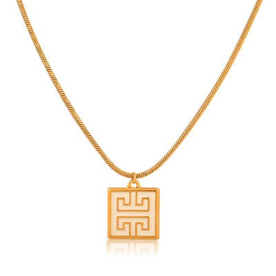 Very classy and beautiful Greek-chic necklace, with a chunky black 24K gold-plated enamel meander pendant, hanging from a beautiful 24k gold-plated stainless-steel snake chain. An impressive necklace featuring the Greek meander symbol, known as the Greek Key. Wear it with your favorite style to add a little Greek-chic to your everyday look. A perfect gift idea, full of symbolism, a meaningful piece for those who value the past and the present.