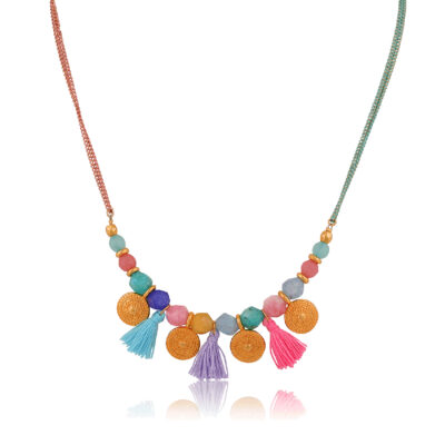 This short and beautiful Bohemian necklace is made of pink and mint double chains. Multicolor jade beads, 24K gold-plated brass disc and colorful little tassels. Perfect to complete your favorite Bohemian outfit.