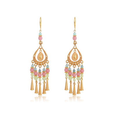 Bohemian handmade drop-earrings. Made with pink, light green, diamond cut glass and jade beads, featuring 24K gold-plated Brass cones. An absolute summer combination of pastel pink, blue, mint and gold, this necklace complete perfectly your everyday look and is an ideal choice for casual looks. Combine it with the Callisto earrings of the “Bohemian Queen” collection for a complete look!