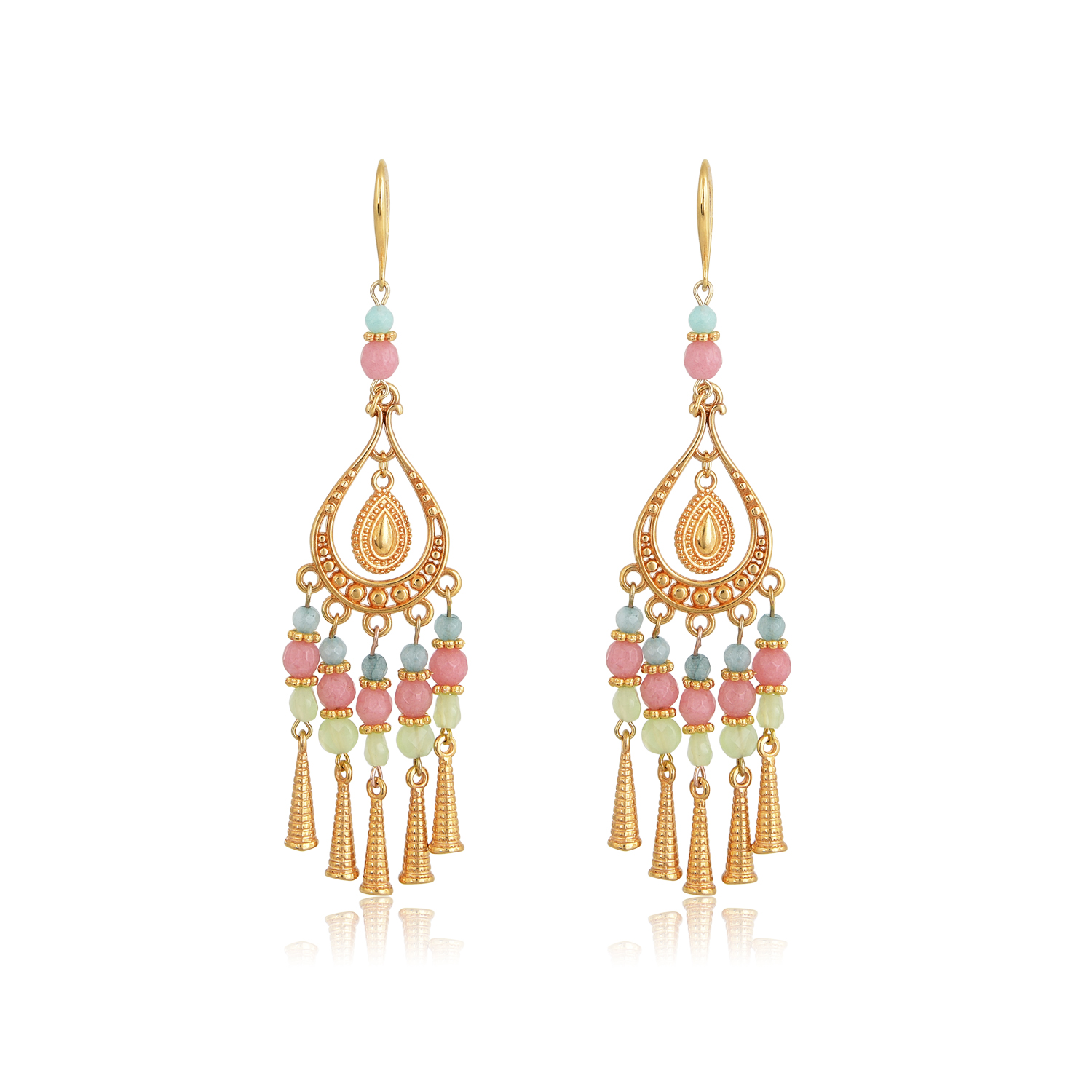 Bohemian handmade drop-earrings. Made with pink, light green, diamond cut glass and jade beads, featuring 24K gold-plated Brass cones. An absolute summer combination of pastel pink, blue, mint and gold, this necklace complete perfectly your everyday look and is an ideal choice for casual looks. Combine it with the Callisto earrings of the “Bohemian Queen” collection for a complete look!
