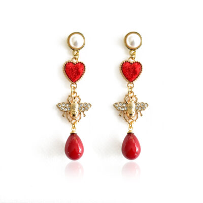 Bee drop earring with red drop