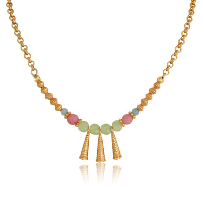 Bohemian handmade short necklace. Made with pink, light green, diamond cut glass and jade beads, featuring 24K gold-plated Brass cones.  An absolute summer combination of pastel pink, blue, mint and gold, this necklace complete perfectly your everyday look and is an ideal choice for casual looks.   Combine it with the Callisto earrings of the “Bohemian Queen” collection for a complete look!