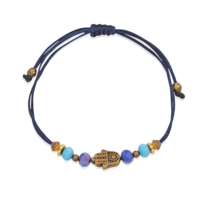 Protection bracelet featuring a Hamsa hand and blue beads. A powerful talisman, wear it on your left hand for better result.