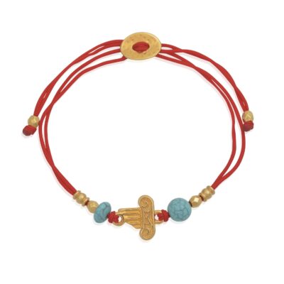 Adjustable red bracelet with Ionic column. 24k gold-plated and turquoise beads. The textured column is made of 24k gold-plated brass. Whether as a souvenir, a reminder of a special moment, or a vacation spent in Greece, this Greek-chic bracelet is an ideal gift. Perfect to complete any Greek-chic outfit. Combine it, with our other jewelry from our “Red Sea” or “All Greek to me” collections.