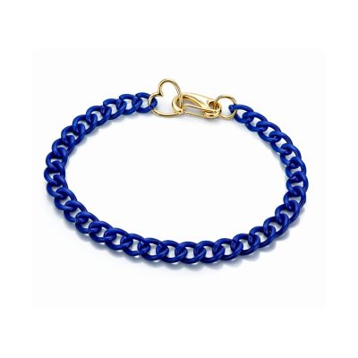 Electric blue chain anklet with gold heart motif loop and chunky parrot clasp on white background