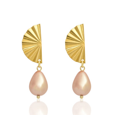 Here are your new favorite fan studs, and they are all about making a statement. Featuring a fan stud and a dangling peachy pearl drop, this pair of earrings has a soft matte gold finish. Their glossy, timeless, and sexy feel will captivate the eyes and add a touch of elegance. Contemporary design makes them suitable for both everyday wear and formal occasions.