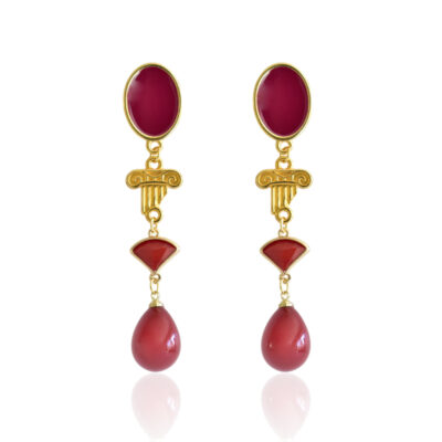 Make a statement in a stunning fashion earrings. There's no better way to express yourself than with a unique earring design. From our “All Greek to me” collection. These Greek-chic earrings feature a 24 k gold-plated ionic column, set with a deep red teardrop. All that beauty is hanging from an oval enameled stud.