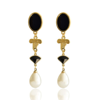 This ancient Greek-inspired pair of earrings features a pearl drop and a black crystal triangle. An Ionic column motif, featuring an enamel oval stud, these earrings are the perfect blend of sophistication and simplicity.