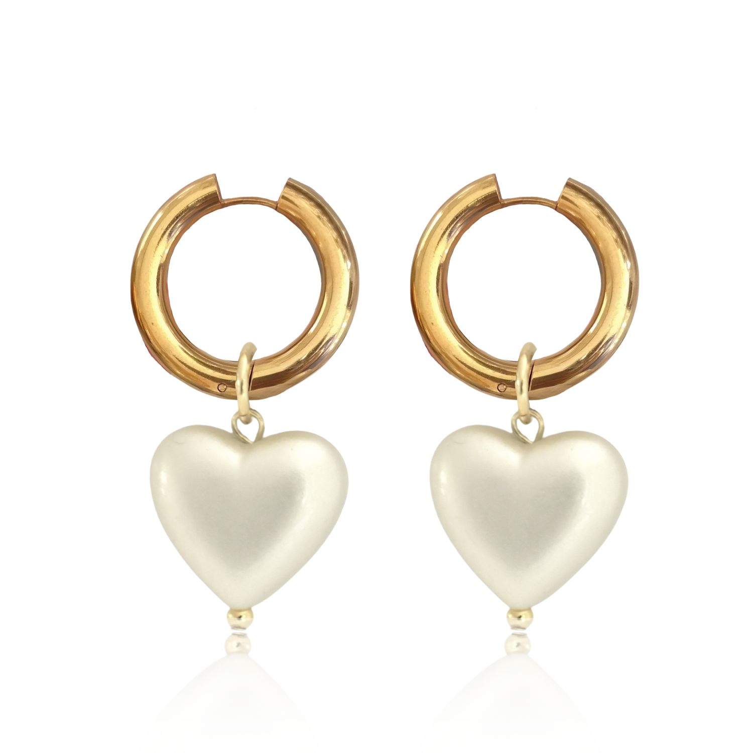 Crafted with gold-plated stainless-steel hoops, these elegant pearl earrings are a charming nod to the classics. Each hoop features a dangling pearl heart pendant, which can be removed to wear the hoops alone or worn with just one heart for a mismatched pair, giving you three pairs of earrings with one purchase. The hoops are designed with comfort and security in mind, featuring a latch closure. Elevate your look with these sophisticated earrings.