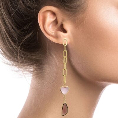 Simplicity at its best. This minimal pair is simple in design yet huge in the style stakes. Chain link earrings with dangling light pink and old pink crystals. These gold earrings are perfect to transition from daytime casual to evening glam.