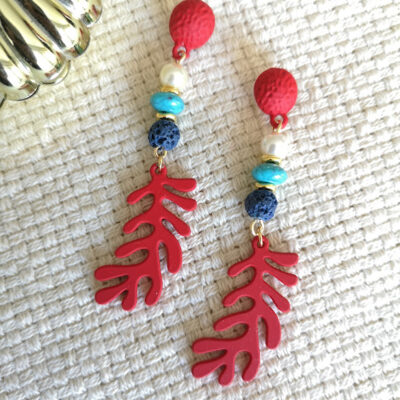 This Aqua world design honors the classic tricolor combination. Dark blue lava stones, dark red Rubber coral, pearls, and turquoise are also featured. They go with many summer outfits, day or night, and are simple, light, and versatile earrings.