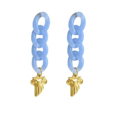 Inspired by Ancient Greece, these light and stunning drop-earrings are a must! Long baby blue chunky chain with a gold Ionic column. Casual it up with a pair of jeans and shirt. For more dramatic look, match it with your favorite boho or maxi dress.