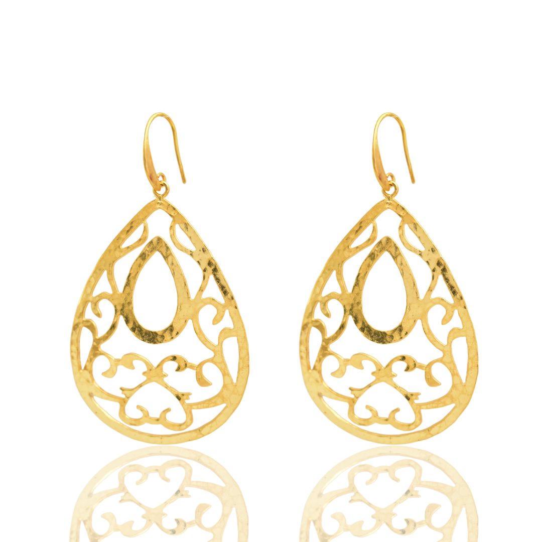 Filigree drop-shaped earrings. Anamae masters the classics by developing new ways to wear timeless jewelry. Elegant and beautiful, these classic drop-shaped filigree earrings will be a distinguished pair in your collection. Made of 24k gold-plated brass, the hammered finish is designed to catch the light from every angle, adding timeless elegance to your look.