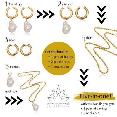 The bundle of earrings includes 2 pairs of hoops, 2 pearl drops, and 1 rope chain, giving you a multitude of options for earrings with just one purchase. You can choose to wear the pair of hoops with or without the pearl pendants, or you can wear them as a mismatched pair with one pearl drop. The bundle also has a chain that can be worn alone or with the pearl pendant.