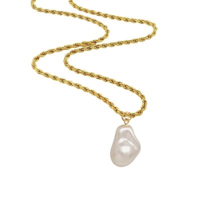 The stunning large baroque 'fireball' pearl pendant is on a chunky gold-plated rope chain. This remarkable piece is guaranteed to impress, featuring gorgeous organic shapes that make it a special, one-of-a-kind pendant. It is a statement piece that exudes beauty and sophistication, whether layered with other jewelry or worn on its own.