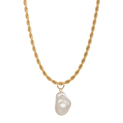 The stunning large baroque 'fireball' pearl pendant is on a chunky gold-plated rope chain. This remarkable piece is guaranteed to impress, featuring gorgeous organic shapes that make it a special, one-of-a-kind pendant. It is a statement piece that exudes beauty and sophistication, whether layered with other jewelry or worn on its own.