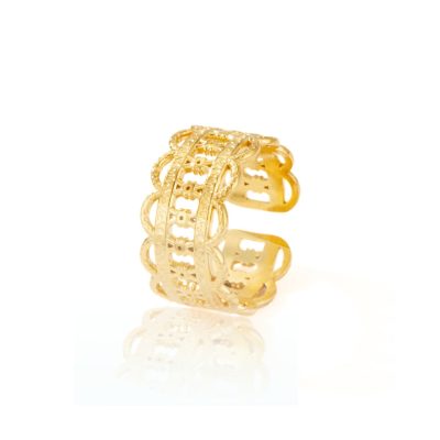 Surrender to the beauty of this exceptional ring, meticulously crafted to perfection. Its filigree design features little domes arranged side by side, creating a breathtaking delicate lace effect. This wearable masterpiece resembles a golden doily that adds a touch of elegance to any outfit. Made from 24-karat gold-plated brass, this ring is a one-of-a-kind addition that will elevate your collection to the next level.