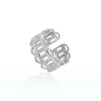 Surrender to the beauty of this exceptional ring, meticulously crafted to perfection. Its filigree design features little domes arranged side by side, creating a breathtaking delicate lace effect. This wearable masterpiece resembles a silver doily that adds a touch of elegance to any outfit. Made from 999° Silver-Plated brass, this ring is a one-of-a-kind addition that will elevate your collection to the next level.