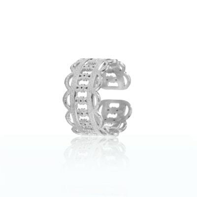 Surrender to the beauty of this exceptional ring, meticulously crafted to perfection. Its filigree design features little domes arranged side by side, creating a breathtaking delicate lace effect. This wearable masterpiece resembles a silver doily that adds a touch of elegance to any outfit. Made from 999° Silver-Plated brass, this ring is a one-of-a-kind addition that will elevate your collection to the next level.