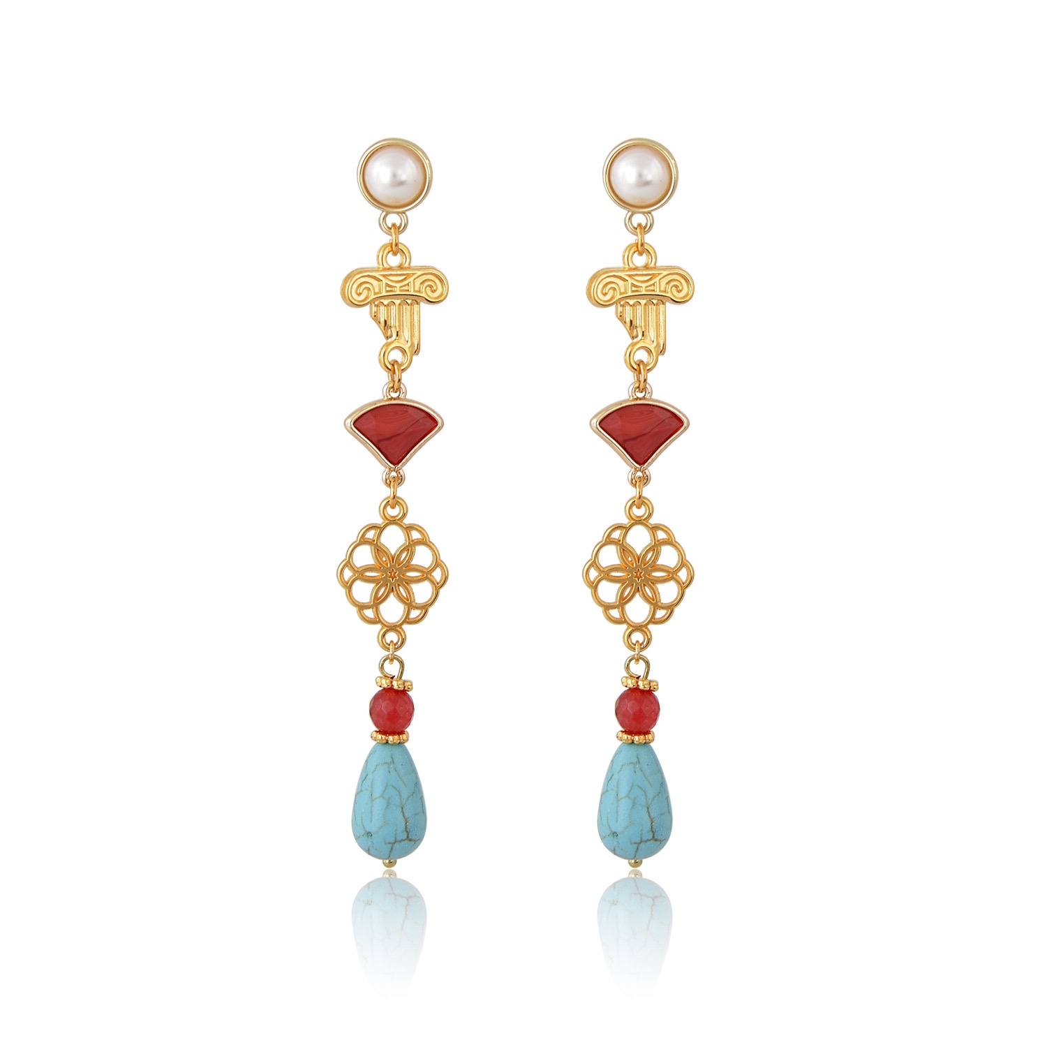 Filigree earrings with Ionic column. These exquisite drop earrings are a fusion of Greek and Bohemian styles, boasting stunning red and turquoise hues. Delicately mounted on a pearl stud, they are a colorful and elegant addition to any ensemble. These earrings feature a striking filigree design, incorporating a triangle-shaped red crystal, an ionic column charm, and a turquoise drop, embodying the essence of the endless Greek summer. With their charm and cuteness, wearing these earrings is sure to turn heads on any occasion.