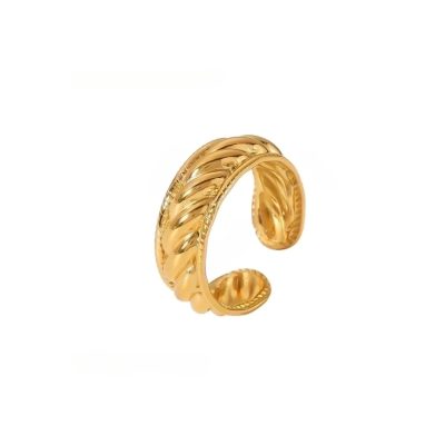 This image features a gold-plated ring with a rope-inspired texture, giving it a bold and elegant appearance. The ring has a twisted, intertwined design that wraps around the band, creating a dimensional and dynamic effect. The edges are finely detailed, adding a touch of refinement. It has an open-ended structure, allowing for slight adjustability to fit comfortably on different finger sizes. The polished gold finish enhances its luxurious look, making it a sophisticated and timeless piece of jewelry.