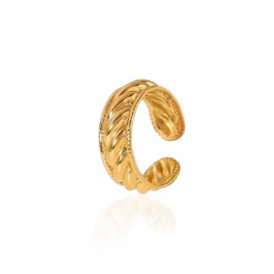 This image features a gold-plated ring with a rope-inspired texture, giving it a bold and elegant appearance. The ring has a twisted, intertwined design that wraps around the band, creating a dimensional and dynamic effect. The edges are finely detailed, adding a touch of refinement. It has an open-ended structure, allowing for slight adjustability to fit comfortably on different finger sizes. The polished gold finish enhances its luxurious look, making it a sophisticated and timeless piece of jewelry.