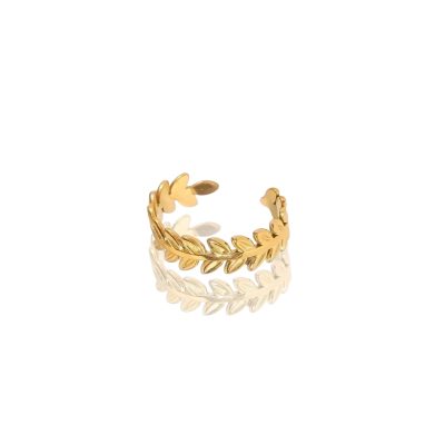 This image features a gold-plated ring with a delicate laurel leaf design, inspired by ancient Greek wreaths. The ring is composed of small, intricately crafted leaves that wrap gracefully around the band, forming an elegant and nature-inspired pattern. The leaves have a slightly raised texture, adding depth and detail to the design. The ring has an open-ended structure, allowing for slight adjustability to fit different finger sizes. Its polished gold finish gives it a radiant, sophisticated look, making it a timeless and symbolic piece of jewelry.