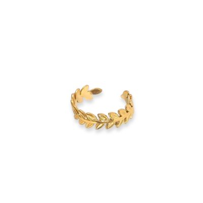 This image features a gold-plated ring with a delicate laurel leaf design, inspired by ancient Greek wreaths. The ring is composed of small, intricately crafted leaves that wrap gracefully around the band, forming an elegant and nature-inspired pattern. The leaves have a slightly raised texture, adding depth and detail to the design. The ring has an open-ended structure, allowing for slight adjustability to fit different finger sizes. Its polished gold finish gives it a radiant, sophisticated look, making it a timeless and symbolic piece of jewelry.