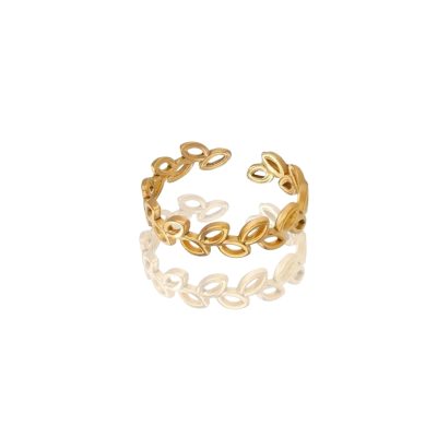 This image features a gold-plated ring with an intricate olive leaf design, inspired by the olive branches of ancient Greece. The ring’s band is composed of delicate, openwork leaves that are finely detailed, creating a light and airy appearance. The leaves are slightly curved, giving the design a natural and organic flow. The gold-plated stainless steel has a polished finish, adding a radiant glow to the piece. The ring has an open-ended structure, making it slightly adjustable for a comfortable fit. This elegant and symbolic piece represents peace, wisdom, and renewal, making it both meaningful and stylish.