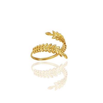 A 24K gold-plated stainless steel ring featuring two intricately detailed laurel branches that wrap elegantly around the finger. The open-ended design allows for slight adjustability, ensuring a comfortable fit. The polished gold finish enhances the delicate texture of the laurel leaves, creating a timeless and sophisticated look inspired by ancient Greek victory wreaths.