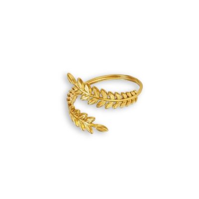 A 24K gold-plated stainless steel ring featuring two intricately detailed laurel branches that wrap elegantly around the finger. The open-ended design allows for slight adjustability, ensuring a comfortable fit. The polished gold finish enhances the delicate texture of the laurel leaves, creating a timeless and sophisticated look inspired by ancient Greek victory wreaths.