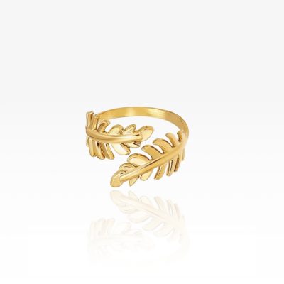 A 24K gold-plated adjustable ring featuring two intricately detailed feathers that wrap gracefully around the finger. The open-ended design allows for a comfortable and flexible fit, while the polished gold finish enhances the delicate feather texture. Inspired by nature, this lightweight and elegant piece symbolizes freedom, wisdom, and new beginnings.