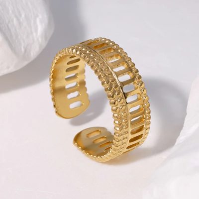 Channel the timeless elegance of Ancient Greece with this gold stainless-steel ring, featuring pillar-like details reminiscent of a Greek temple. Its bold, architectural design evokes the strength and beauty of classical heritage, making it a striking statement piece. Tarnish-resistant and hypoallergenic, this ring is perfect for women who value both history and modern sophistication in their jewelry.