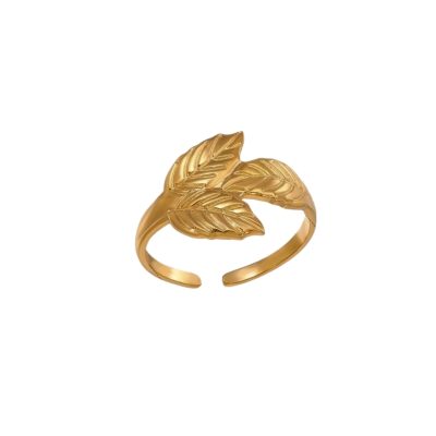 A 24K gold-plated adjustable ring featuring two intricately detailed leaves that wrap gracefully around the finger. The leaves have delicate vein-like engravings, adding texture and depth to the design. The ring has an open-ended structure, allowing for a flexible and comfortable fit. Its polished gold finish enhances the organic elegance of the leaf motif, making it a timeless and nature-inspired piece of jewelry.