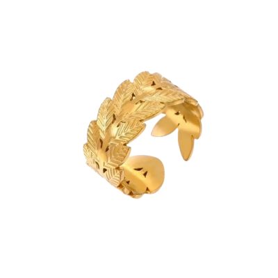 24K gold-plated adjustable ring with an intricate laurel wreath design. The band is crafted with detailed, engraved laurel leaves, wrapping around the finger in a slightly open-ended structure for an adjustable fit. The gold finish enhances the texture of the leaves, creating a bold yet elegant look. Inspired by ancient Greek victory wreaths, this ring symbolizes strength, triumph, and timeless beauty.