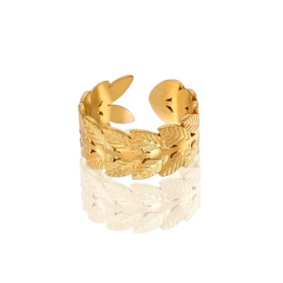 24K gold-plated adjustable ring with an intricate laurel wreath design. The band is crafted with detailed, engraved laurel leaves, wrapping around the finger in a slightly open-ended structure for an adjustable fit. The gold finish enhances the texture of the leaves, creating a bold yet elegant look. Inspired by ancient Greek victory wreaths, this ring symbolizes strength, triumph, and timeless beauty.