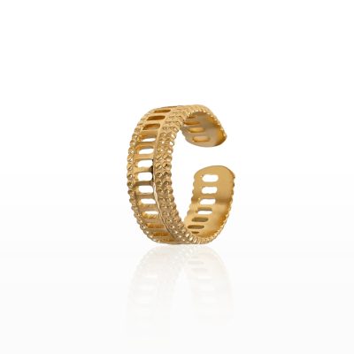 Channel the timeless elegance of Ancient Greece with this gold stainless-steel ring, featuring pillar-like details reminiscent of a Greek temple. Its bold, architectural design evokes the strength and beauty of classical heritage, making it a striking statement piece. Tarnish-resistant and hypoallergenic, this ring is perfect for women who value both history and modern sophistication in their jewelry.