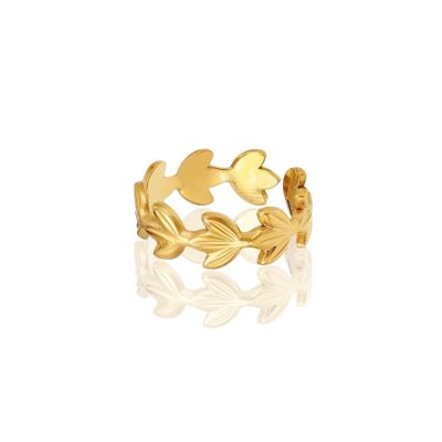 A 24K gold-plated stainless steel ring featuring a continuous band of delicately sculpted laurel leaves. The leaves have subtle engravings that mimic natural leaf veins, adding texture and depth to the design. The band is smooth and slightly curved for a comfortable fit. Inspired by ancient Greek laurel wreaths, this ring symbolizes victory, strength, and elegance, making it a timeless and sophisticated jewelry piece. The polished gold finish enhances its radiant and luxurious appearance.