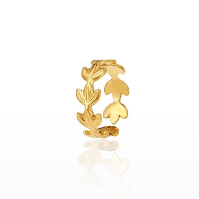 A 24K gold-plated stainless steel ring featuring a continuous band of delicately sculpted laurel leaves. The leaves have subtle engravings that mimic natural leaf veins, adding texture and depth to the design. The band is smooth and slightly curved for a comfortable fit. Inspired by ancient Greek laurel wreaths, this ring symbolizes victory, strength, and elegance, making it a timeless and sophisticated jewelry piece. The polished gold finish enhances its radiant and luxurious appearance.